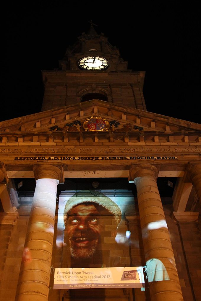 Amit Madheshiya's Talkies Wallah projected onto the Berwick Watchtower